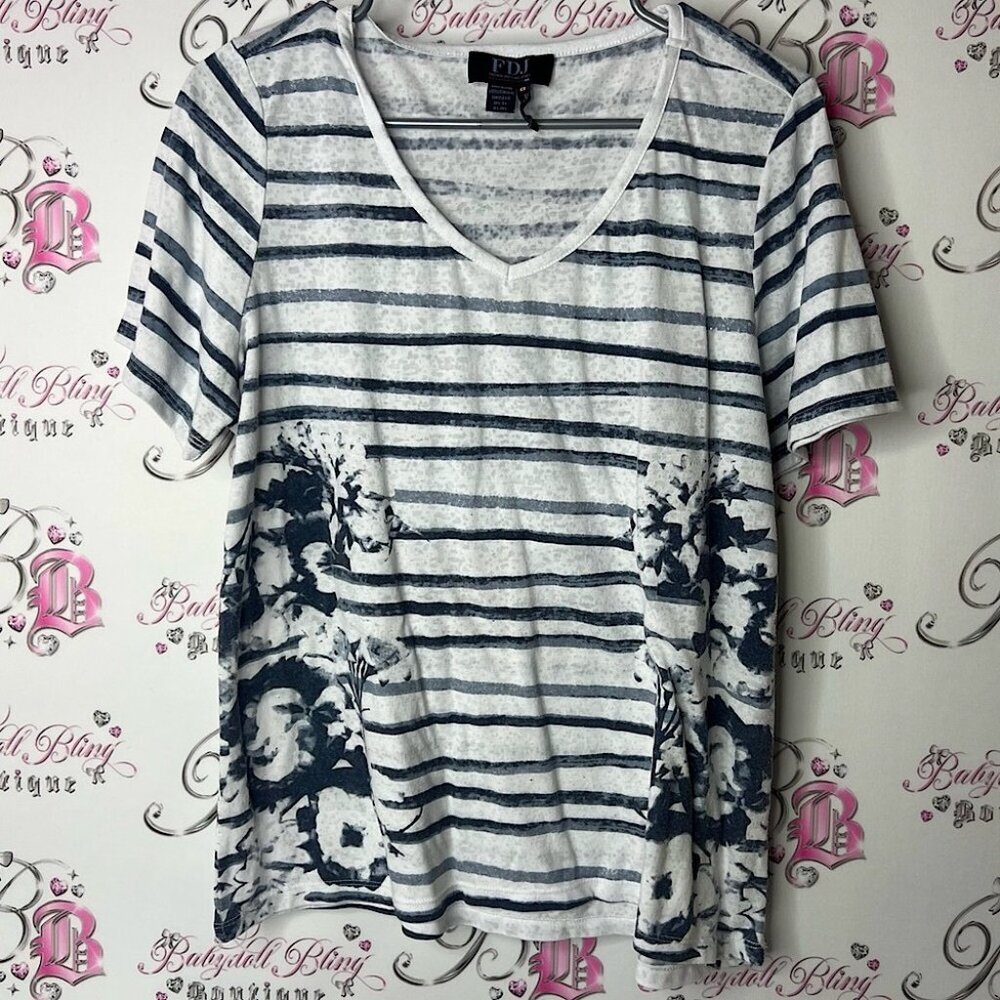 FDJ tshirt tee stripes Striped Floral Women's Top - Black and White